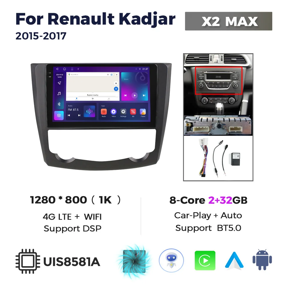 EU Winkel Draadloze CarPlay Auto 2 Din Autoradio Voor Renault Kadjar 2015 2016-2019 Navigatie GPS Multimedia Video Player stereo