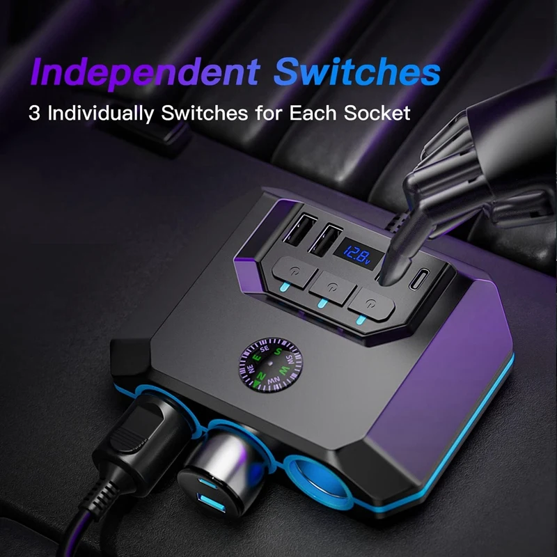 車のシガレットスプリッターライターアダプター、7 in 1車の充電器、スイッチ付きの4つのUSBポート、すべての車のデバイス用のLED電圧ディスプレイ、耐久性