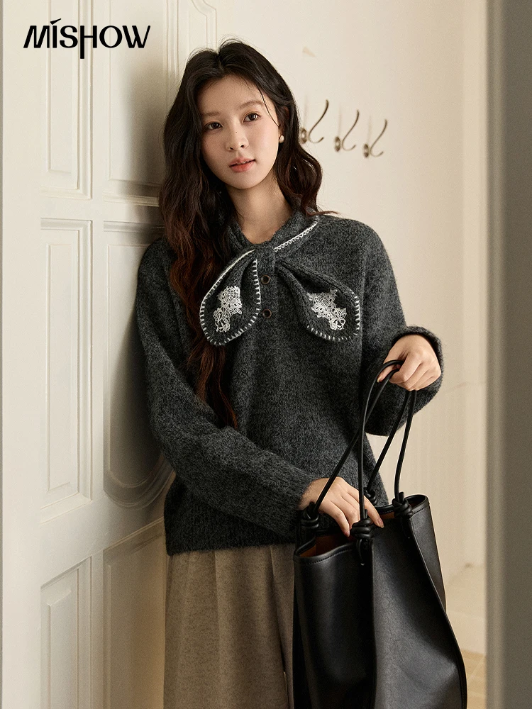 MISHOW 여성용 노란색 니트 스웨터 2025 가을 겨울 리본 칼라 레이스 스플라이싱 탑스 루즈 따뜻한 풀오버 스웨터 MXE94Z2971