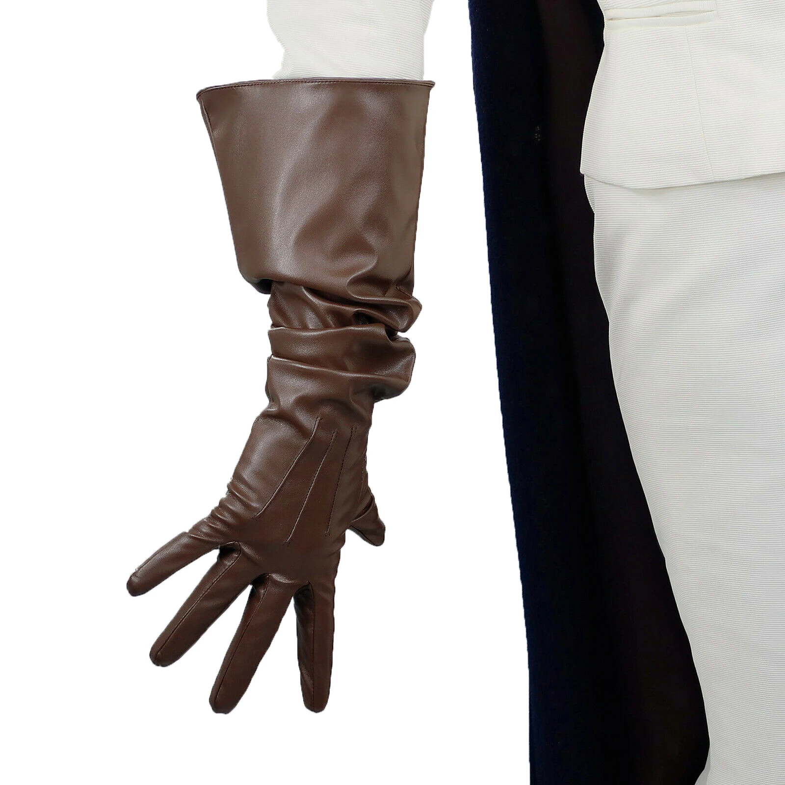 DooWay Brązowe skórzane rękawiczki Oversize Big PUFF SLEEVE Faux PU Over Outfit Coffee Loose L Winter Warm Club Halloween Cosplay Glove