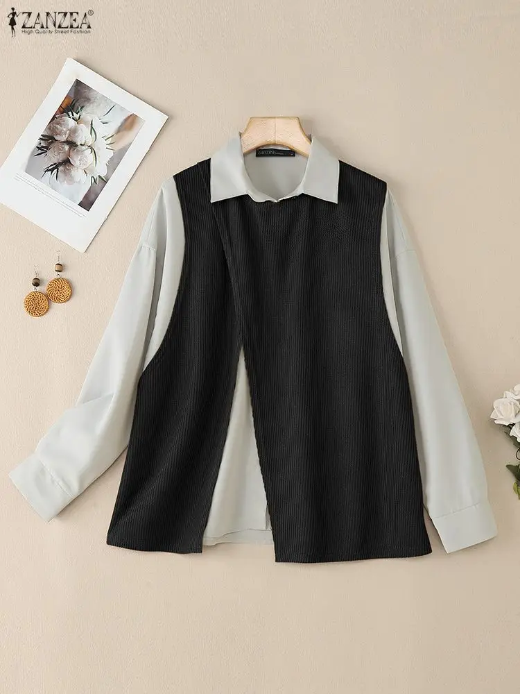 

Women Autumn Patchwork Blouse ZANZEA 2025 Elegant OL Work Shirts Lapel Long Sleeve Buttons Tops Female Fake 2 Pieces Pullover