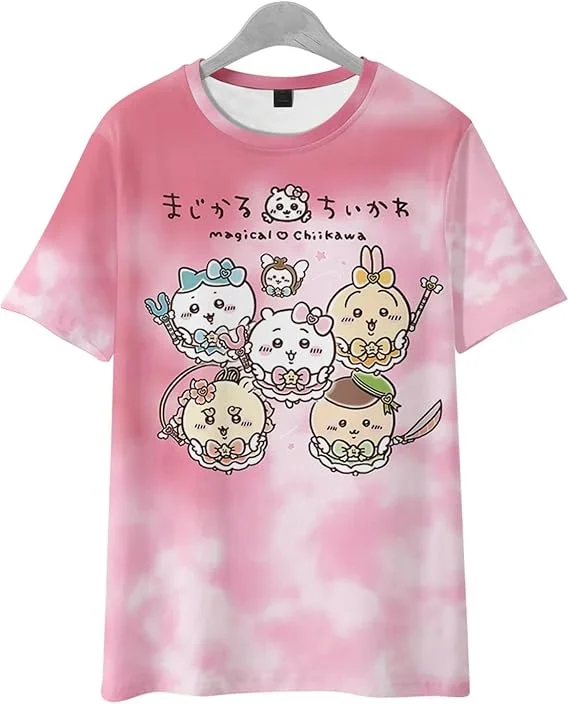 Chiikawa 3D-Druck T-Shirt Schwarz-Weiß Gestreiftes Kurzarm-Shirt Niedlicher Cartoon-Charakter Lässiges Unisex-Sommer-Oberteil Familien-Partnerlook – Detail 8