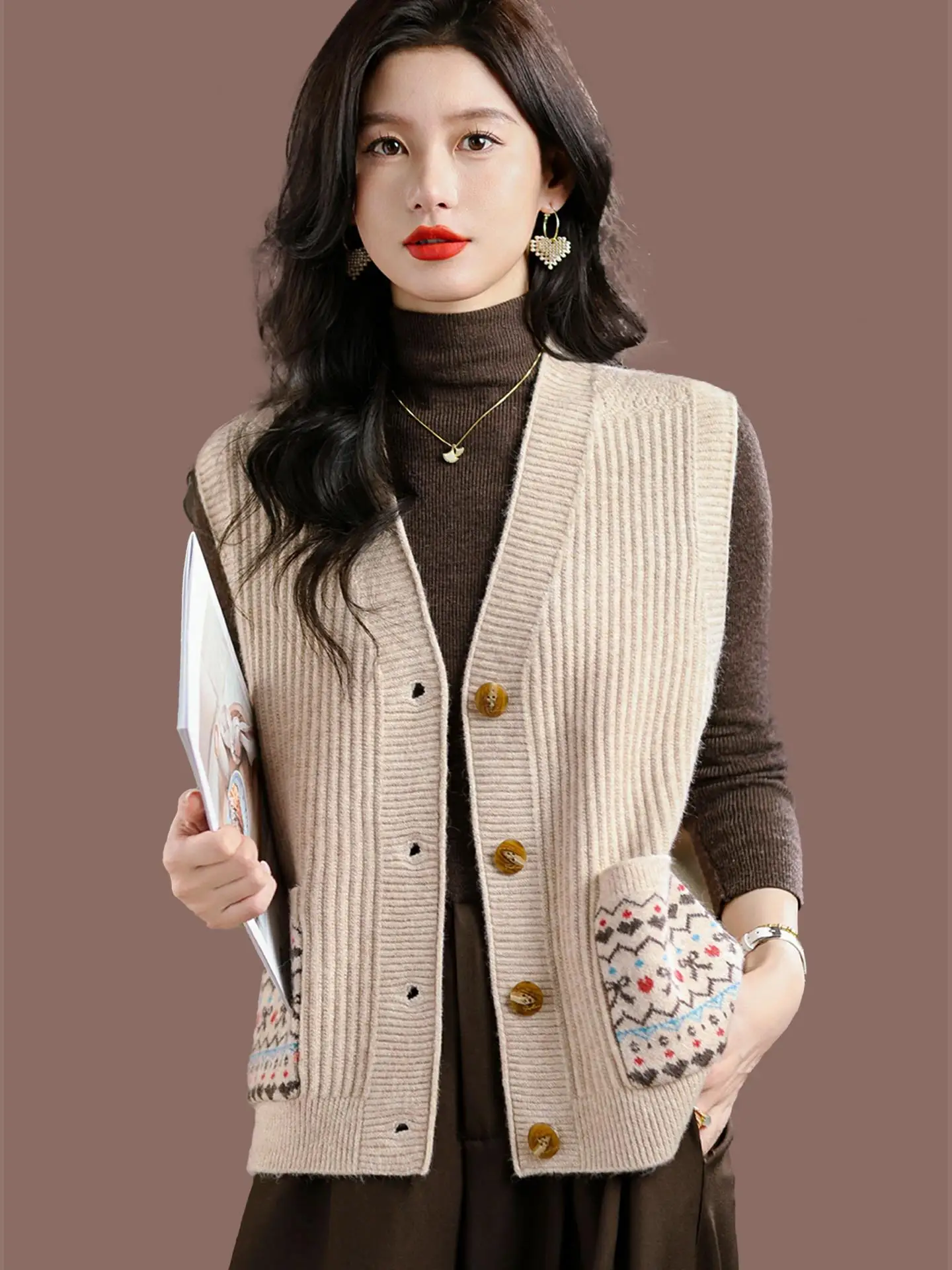 

Women's V-Ne Knitted Woolen Cardigan Sweater Vest Spring Autumn New Sle Open Front Warm Outerwear Top Z.Y.RONG Brand