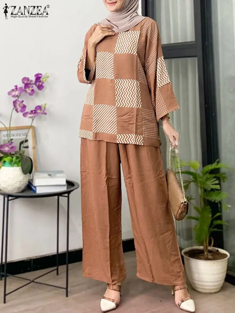 2pcs Elegant Muslim Sets ZANZEA Summer Wide Leg Trousers Suit Women Long Sleeve Printed Blouse Pant Sets IsIamic Tracksuits