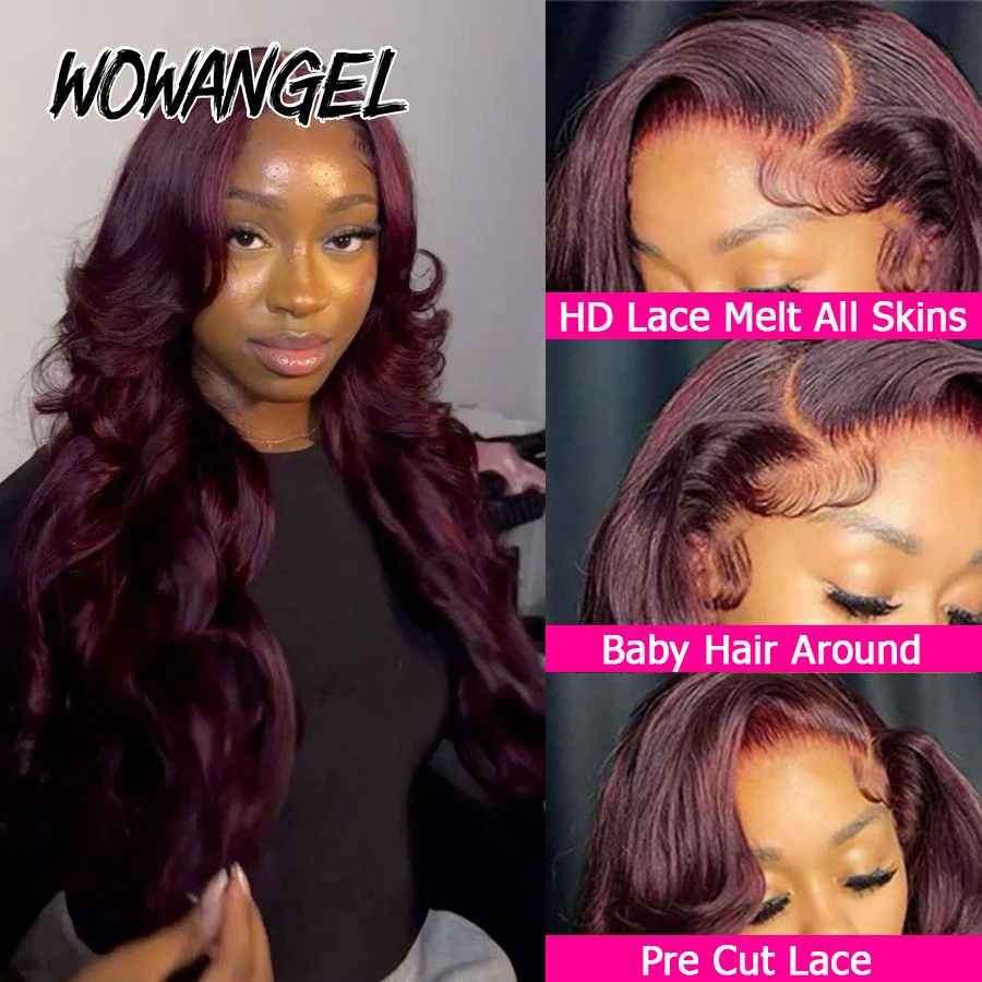 Dunkelburgunderrote, kleberlose Echthaarperücken für Frauen, 99j Rot gefärbte, sofort tragbare Body-Wave-Perücke, 13x6 HD Lace Frontal Echthaarperücken – Detail 3