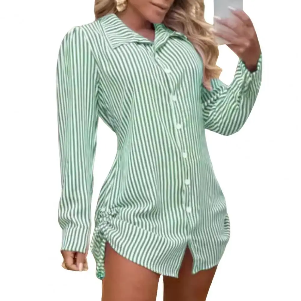 Single-breasted Shirt Dress Striped Print Shirt Dress Stylish Collar Drawstring Detail Long Sleeves for Wear Mini Dressing