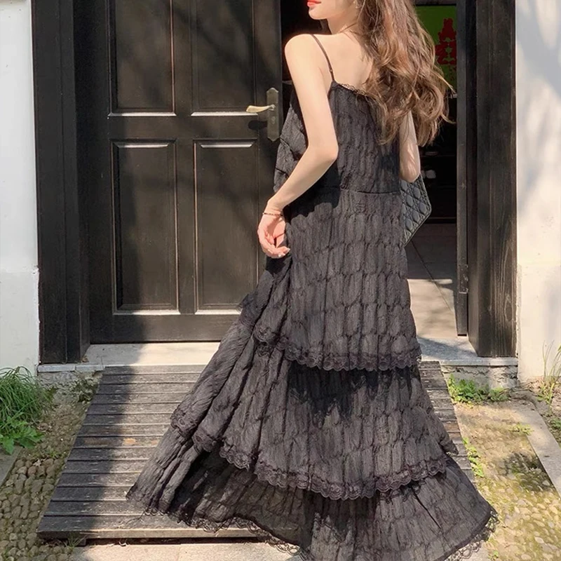 Vestido largo sexi de verano para mujer, vestido Vintage informal con volantes y tirantes Maxi, vestido veraniego para la playa, Vestidos de fiesta de encaje liso elegante