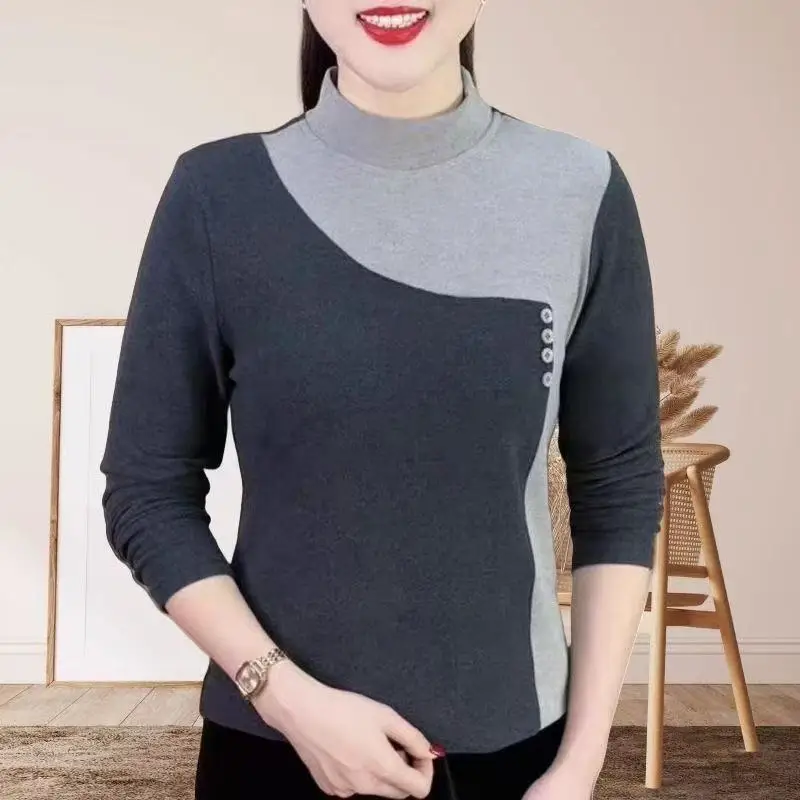 Thickened German Velvet Half High Collar Patchwork Color Upper Apparel Fashionable Slimming Mommy Style Inner Wear Autumn Win...
