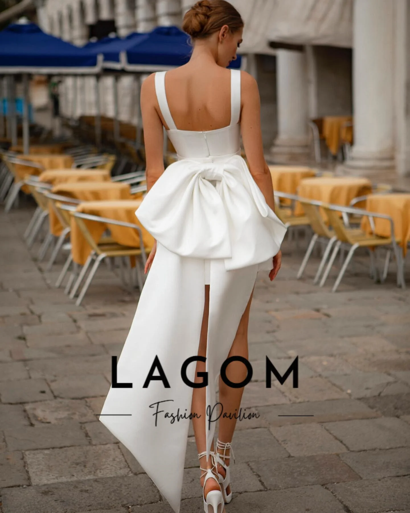 Lagom Exquisite White Square Neck Satin Wide Stain Big Bow Train Elopement Wedding Dress Mini-Length Vestido De Novia Customized