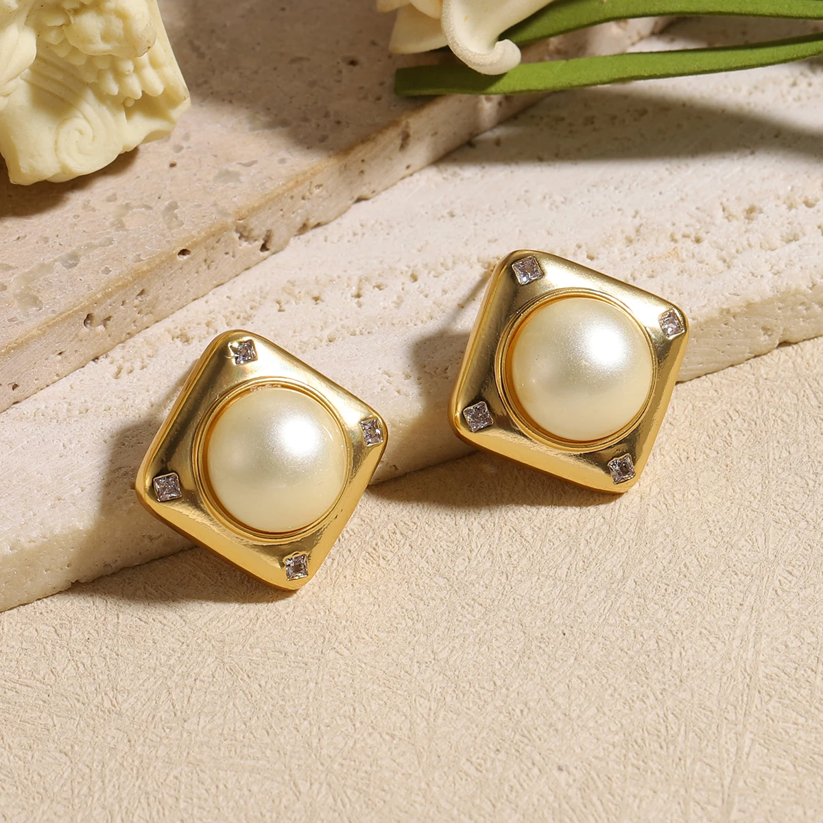 French Vintage Square Pearl Lapis Lazuli Stud Earrings Gold Plated Tiger Eye Geometric Cabochon Earrings for Women Jewelry