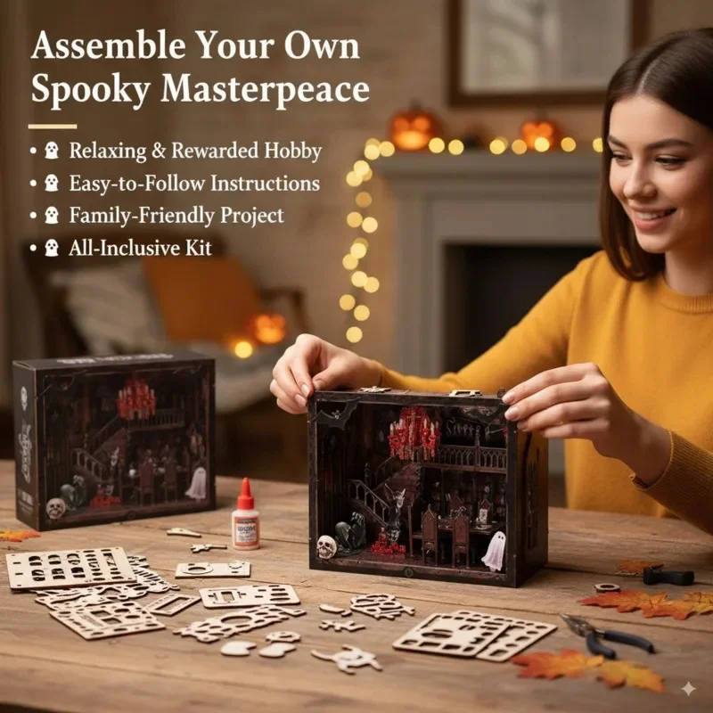 

DIY Halloween Wooden Book Nook Dark House Figurine Bookend With Lights Unique Bookshelf Decoration Home Crafts Birthday Gift New