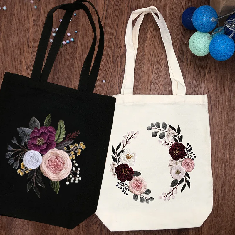 Embroidered Canvas Bag DIY Material Kit Single Shoulder Cloth Bag Needle Point Sets Stamped Pattern Stitch Embroidery