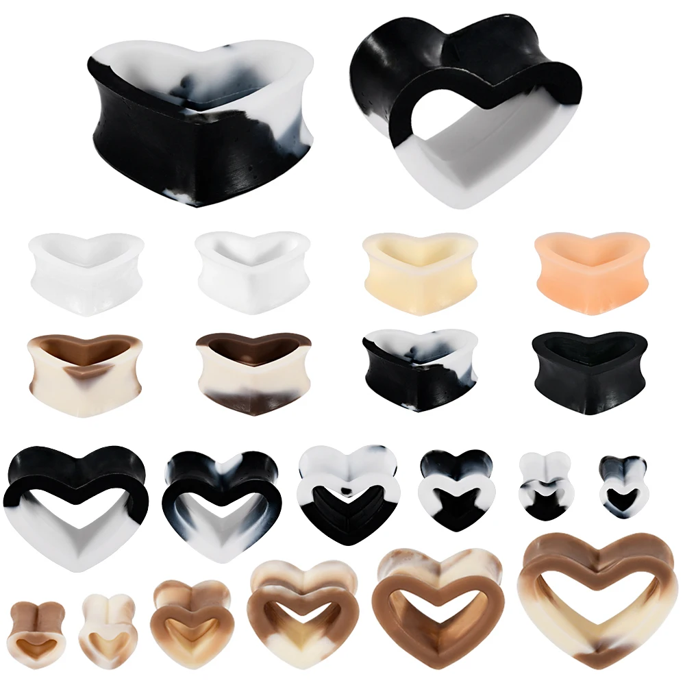 8-12Pairs Flesible Silicone Heart Ear Tunnel&Plugs Flesh Black White Hollow Flared Ear Expander Strengthed Ear Weight Earrings