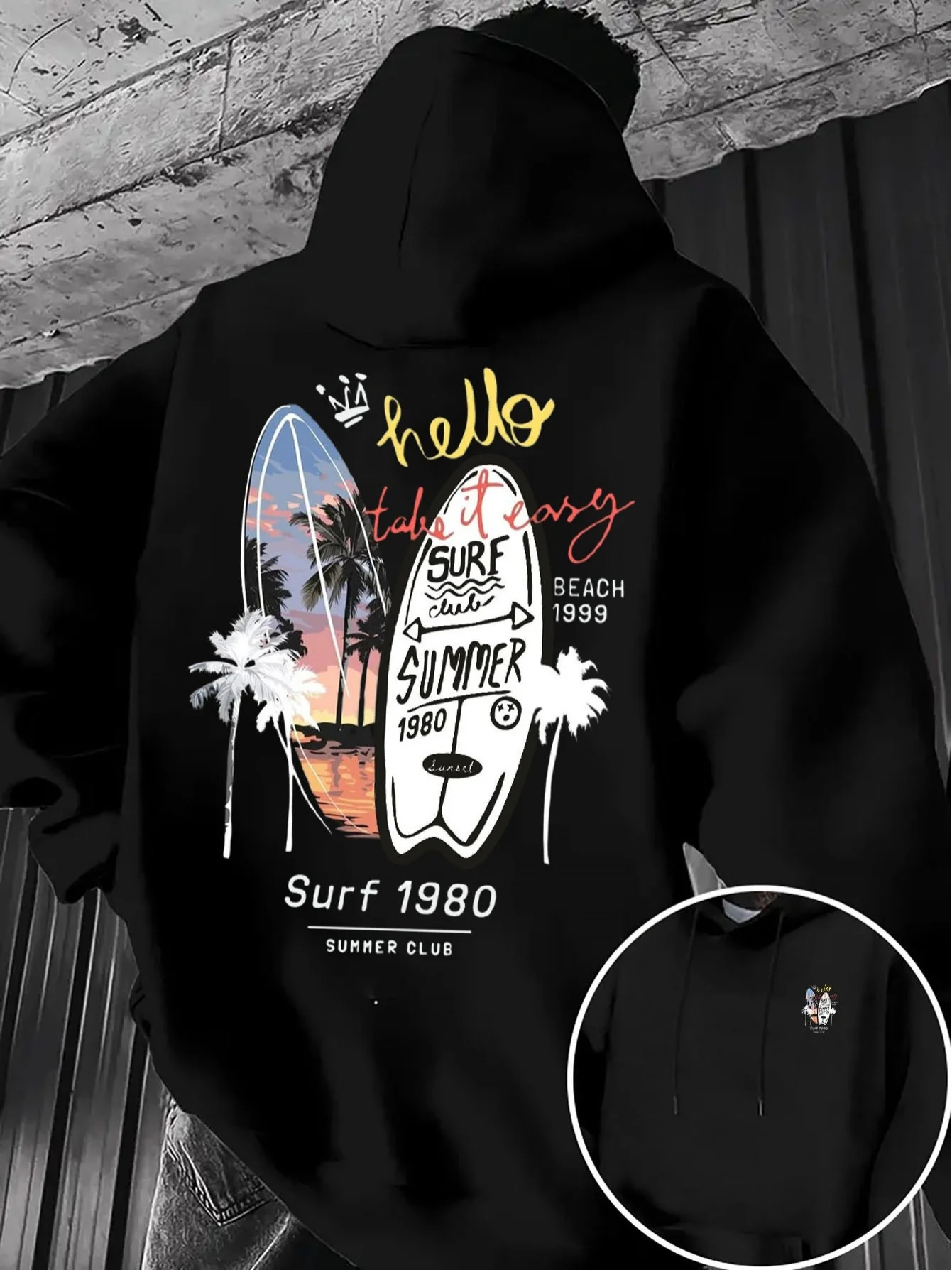 Men's and Teen Surf Beach Hoodie - Black Retro 