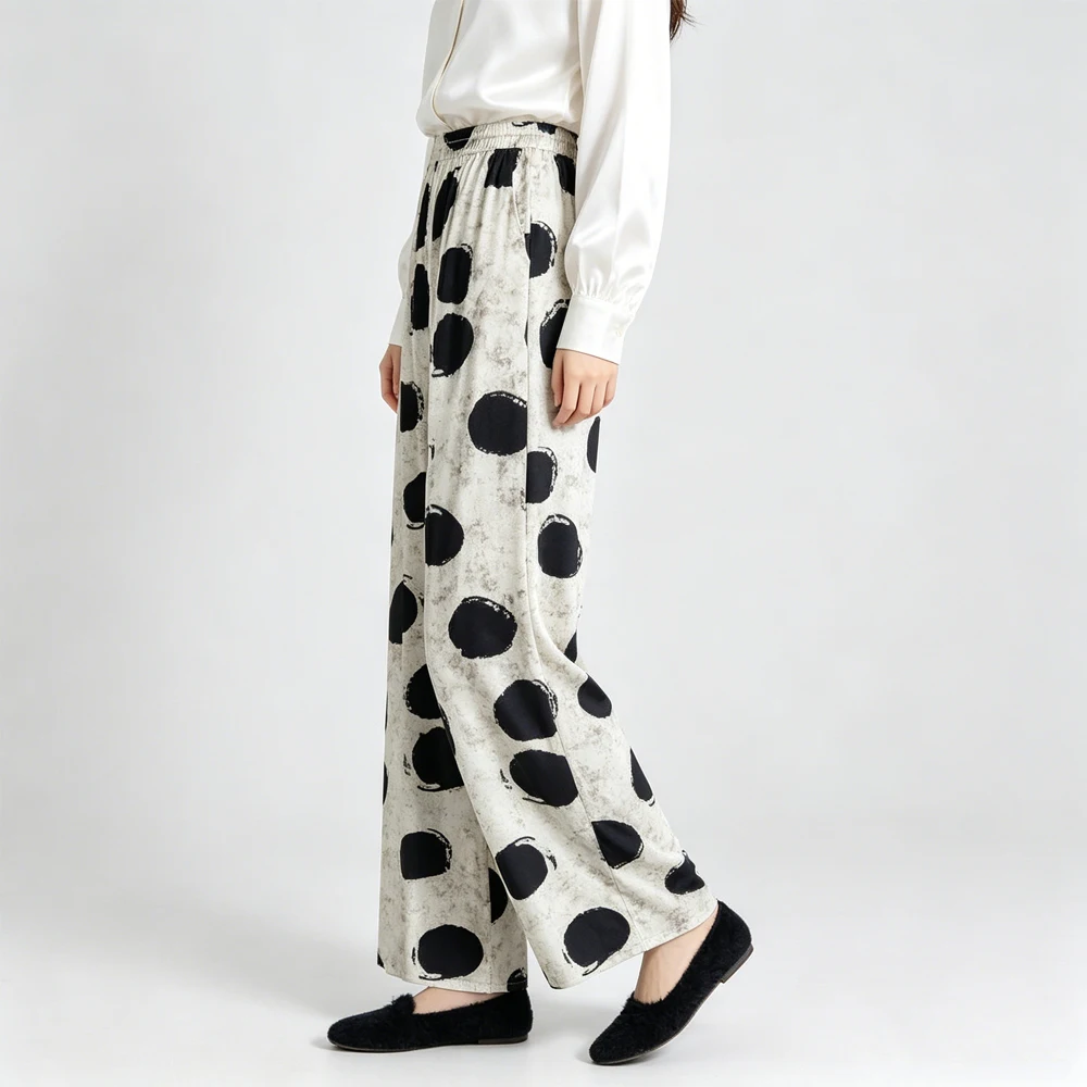 2026 Women's Casual Summer New Style Versatile 95% Natural Mulberry Silk Elastic Satin Balloon Printed Straight Leg Pants