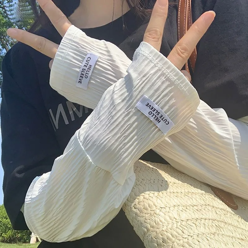 Ice Silk Sun Protection Sleeves UV Cooling Arm Covers Women Loose Pleated Driving Cycling High Elastic Fingerhole Sleeve Gloves