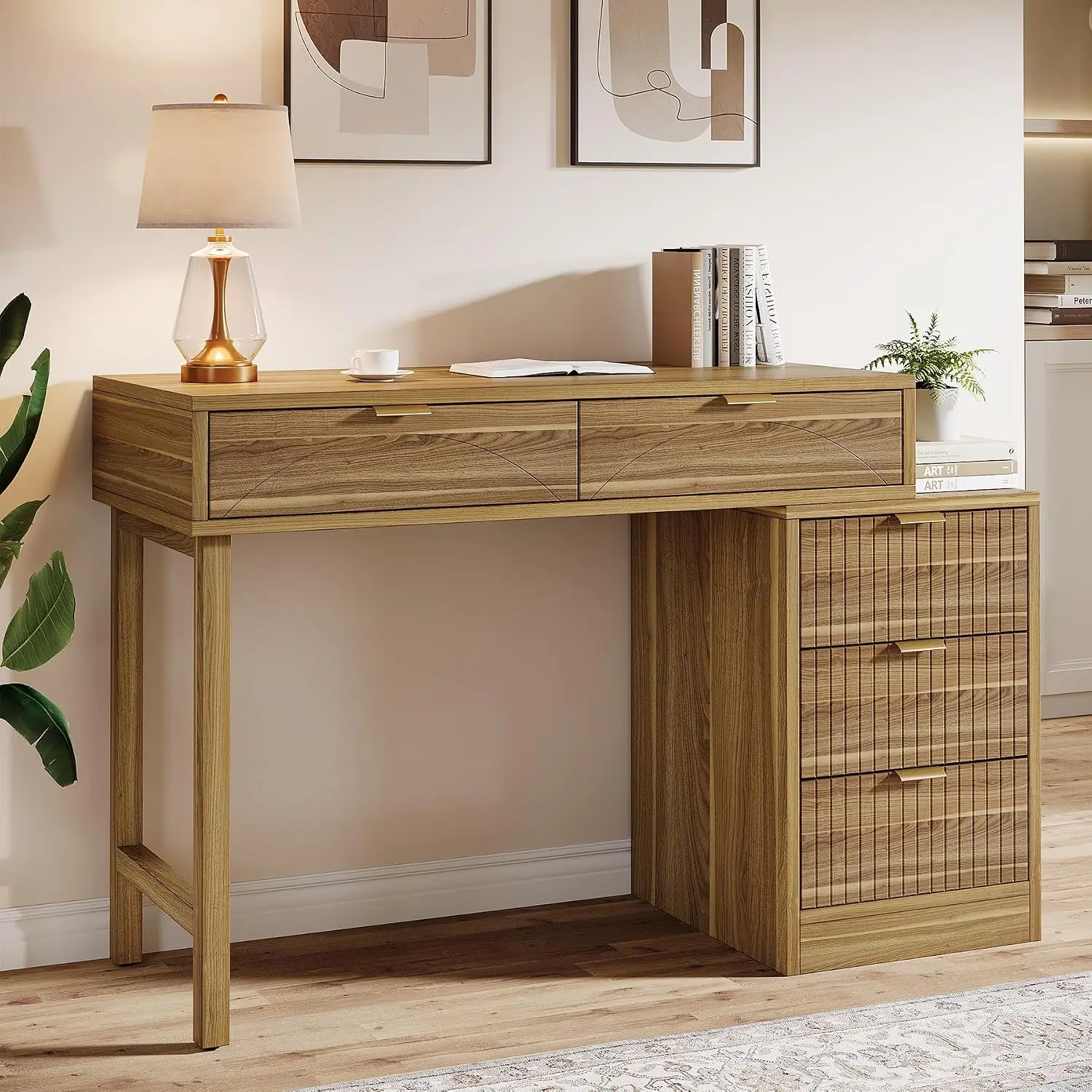 5-Drawer Reversible Computer Desk with Storage, Vintage Wooden Workstation for Home Office & Small Spaces, Walnut, Customized