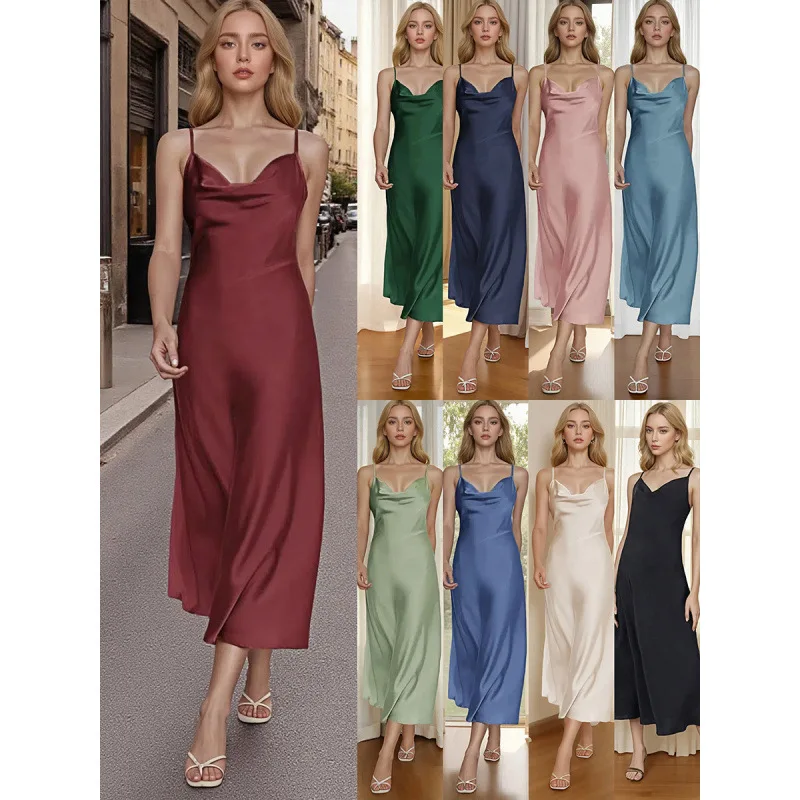 Women V-Neck Slinky Evening Gown Elegant Satin Maxi Dress Sexy Slit Long Dress Party Cocktail with Adjustable Spaghetti Straps
