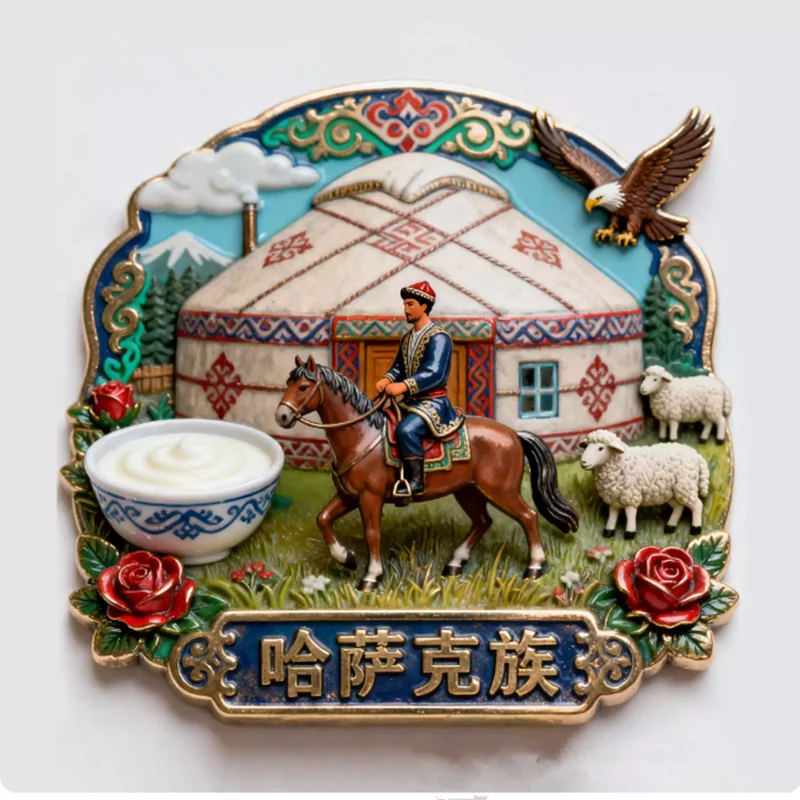 Kazakh Ethnic Costumes 3D Metal Fridge Magnets Tourism Souvenirs Refrigerator Magnetic Stickers