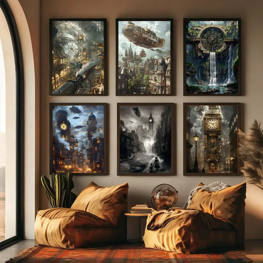Steampunk Cultural City Painting Calligraphy Modern Aesthetic Canvas Wall Art Decor Print for Living Room Office Gallery Decor