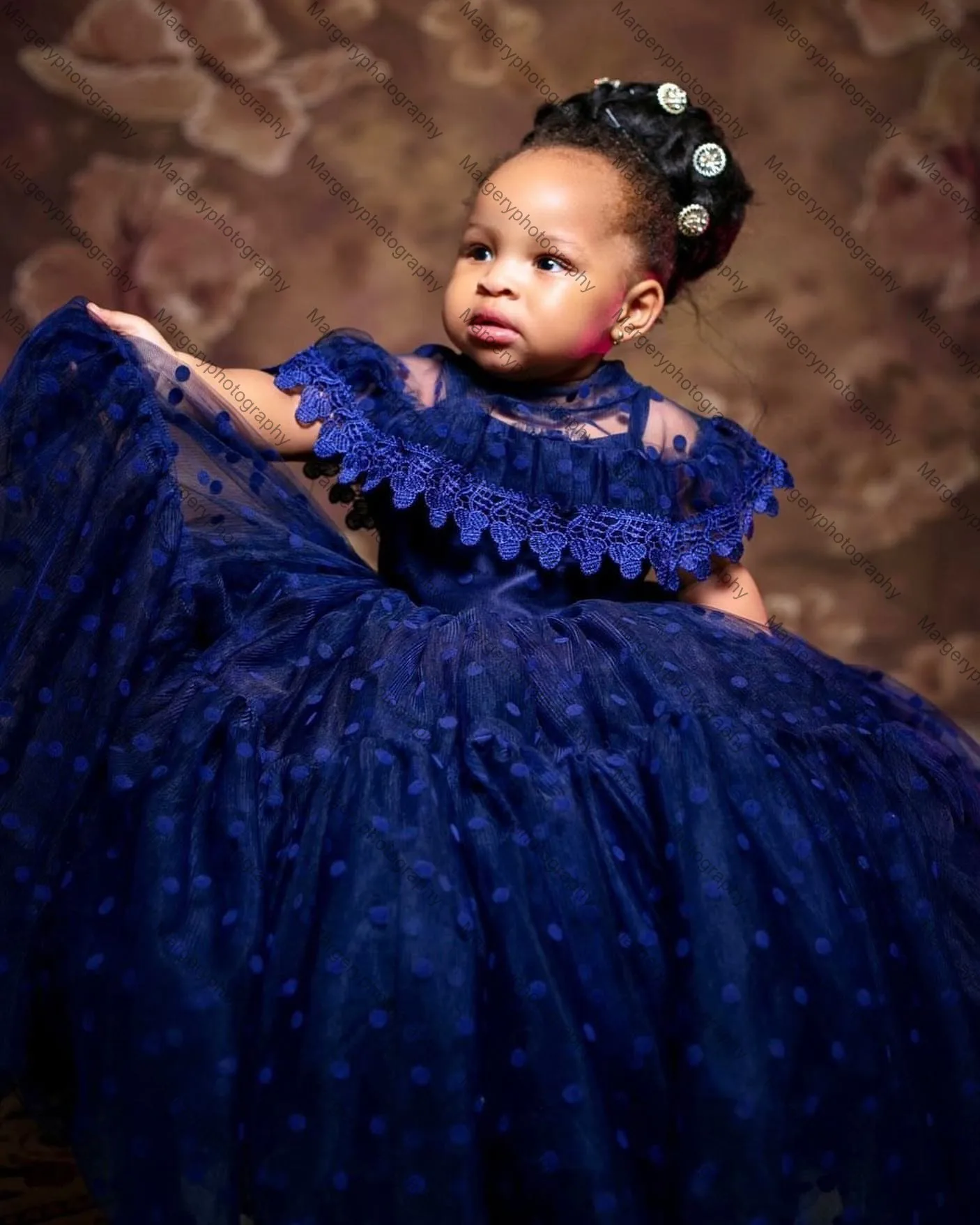 Elegant Navy Blue Lace Tulle Mom And Daugther Dresses Unique Dots Mesh Long Mother And Kids Prom Party Gows For Photo Shoot