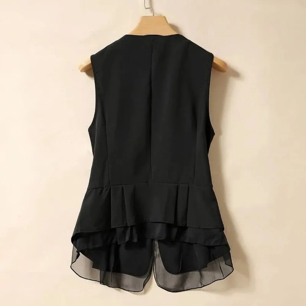 Modische V-Ausschnitt Damen Weste Top Mesh Rüschen Sommer Kurze Anzugweste Schlanke Passform Dünne Ärmellose Weste Damen/Mädchen – Detail 3