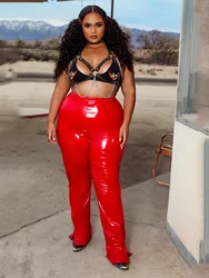 Plus Size High Waist Trousers Women Faux Latex Pencil Pants Hem Split Ladies Shiny PVC Leather Leggings Stretchy 6XL 7XL Custom