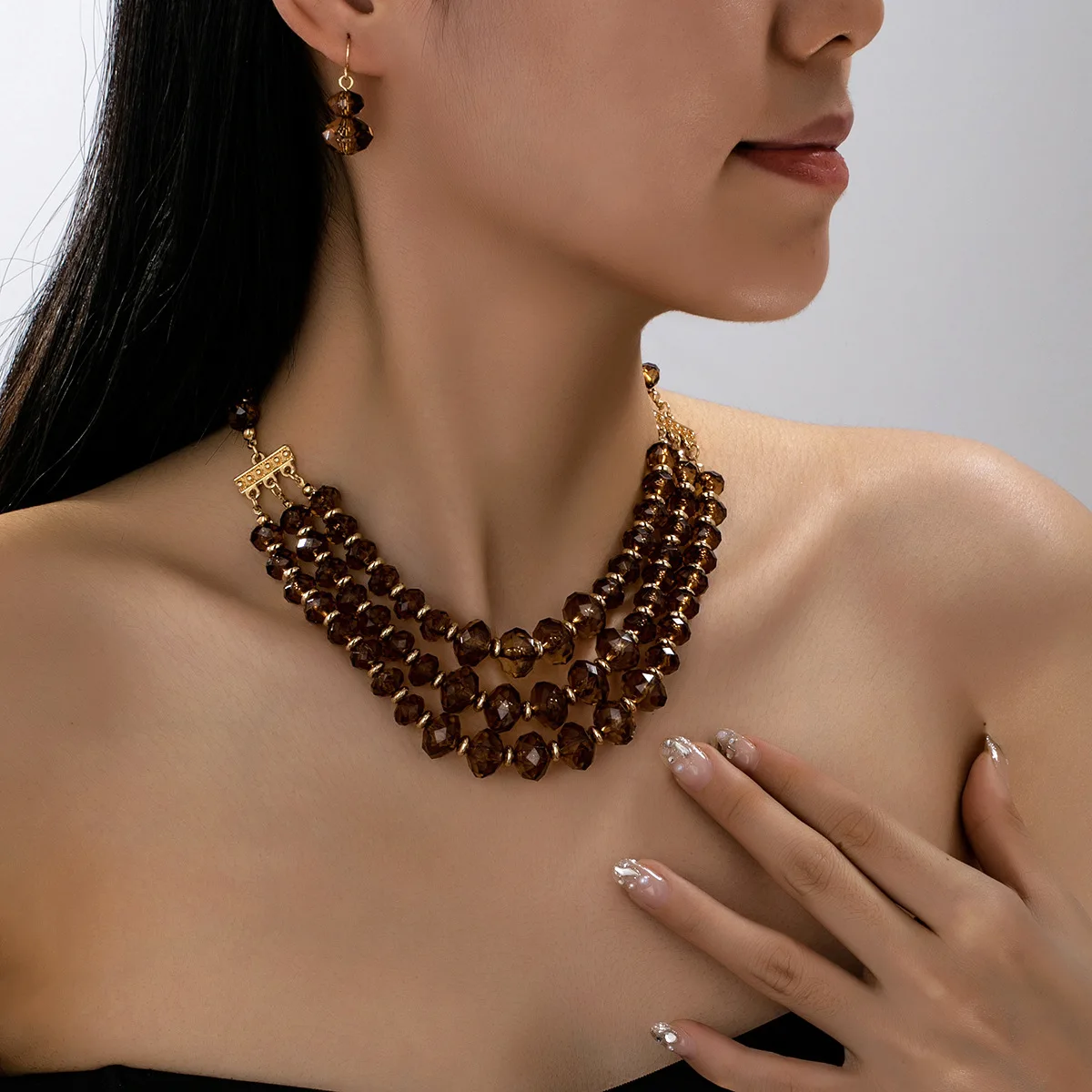 French Light Luxury Beaded Multi-Layer Stackable Jewelry Set for Women - Elegant Temperament Necklace & Earrings Set M838