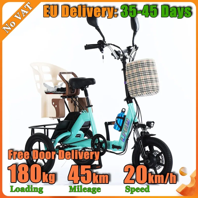 Folding 14 Inch Electric Tricycle 350W 48V10.4Ah Adult 3 Wheel E Bike Dual Seats Kids Seat Max 20KM/H Long Range 70KM E-Trike