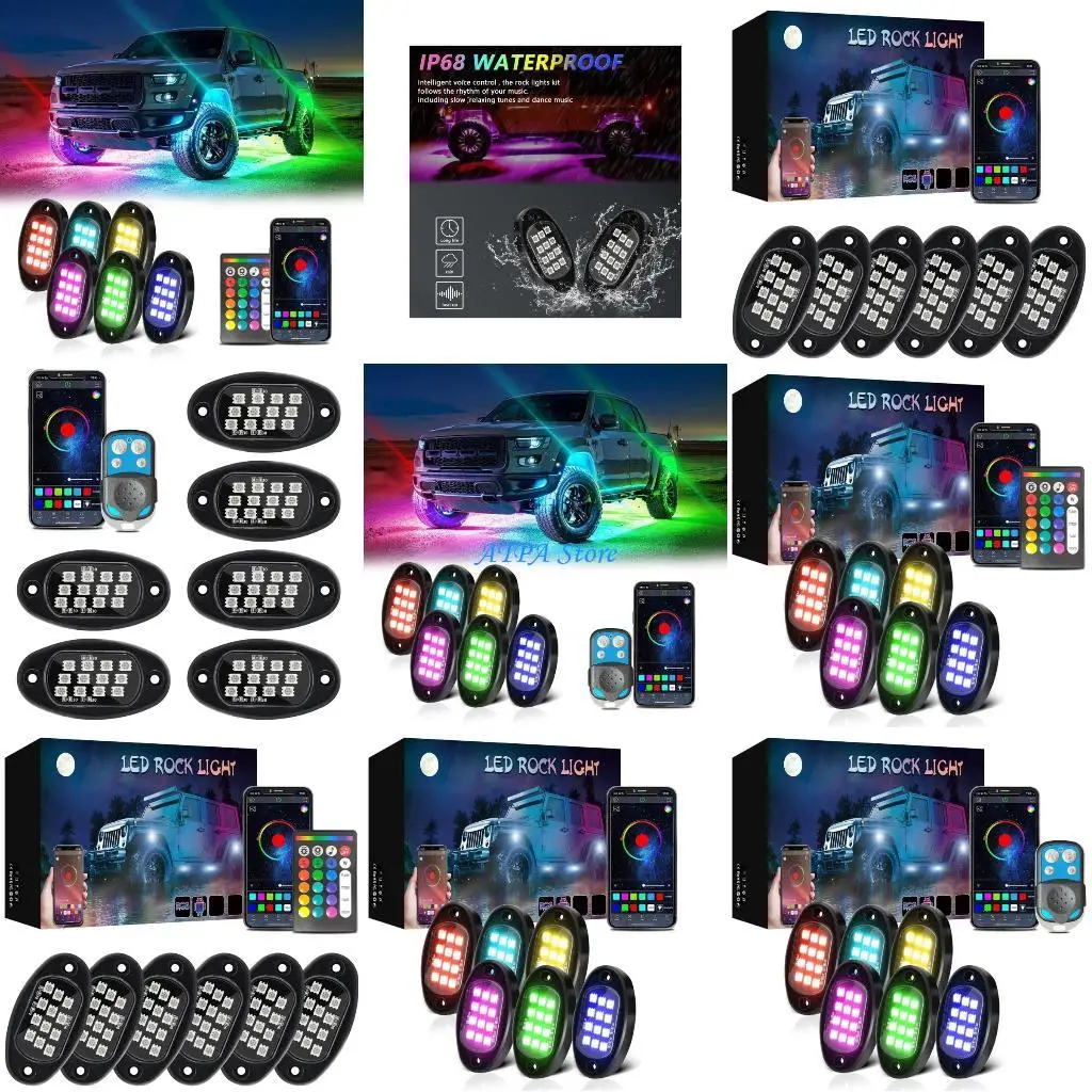 

U13C 6 Pods LED Rock Lights Trail Rig Lamp Remote Control 12 LEDs Underglow Lights for Pickups Car Waterproof