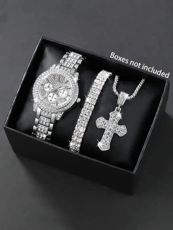 Elegant ladies' quartz watch three piece set, diamond studded cross necklace and bracelet - the perfect gift,
