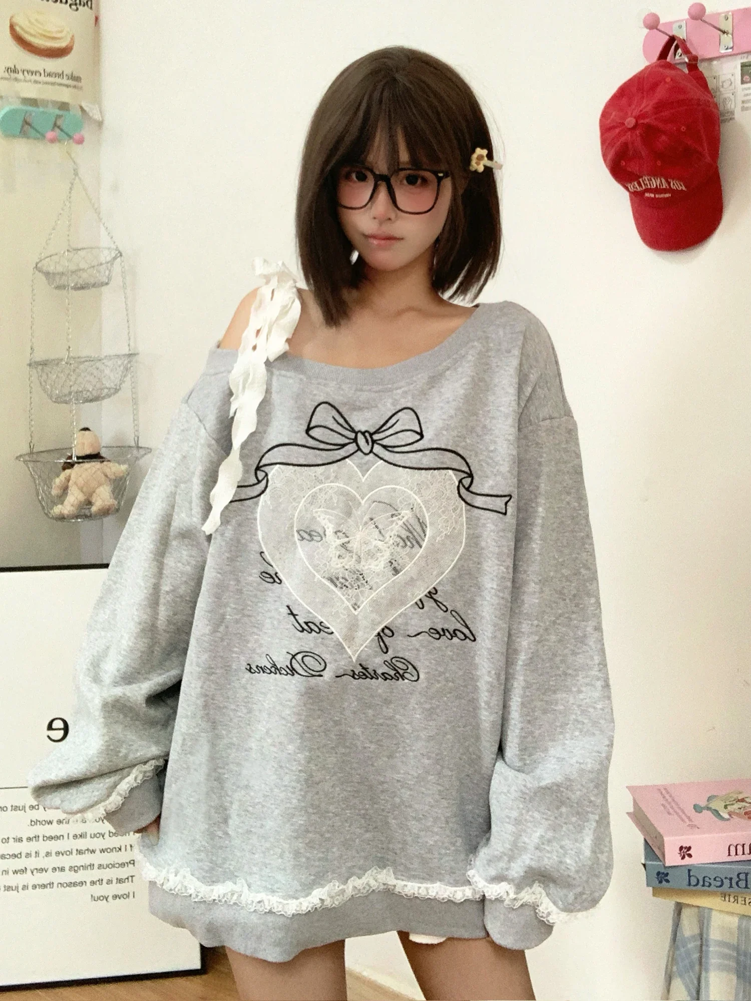 Stitch Ruched Lace Up Bow Gray One Off Shoulder Loose Sweatshirts Women's Hoodies y2k clothing fall winter harajuku 2000s korean