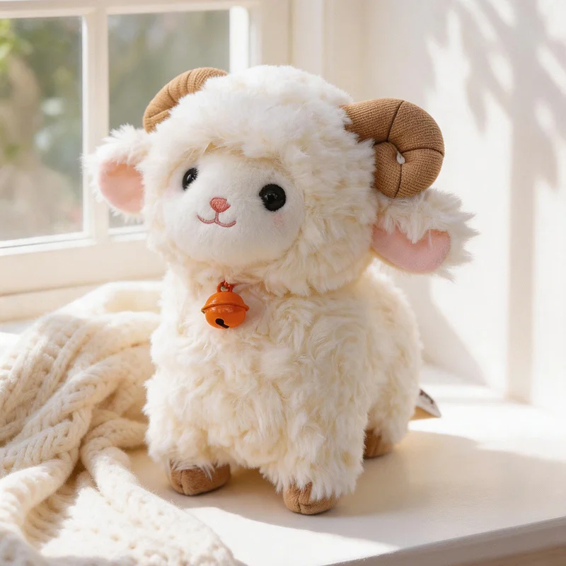 22cm Cute Bell Necklace Sheep Plush Toy Sitting Stuffed Animal Doll Home Ornament Lovely Birthday Gifts