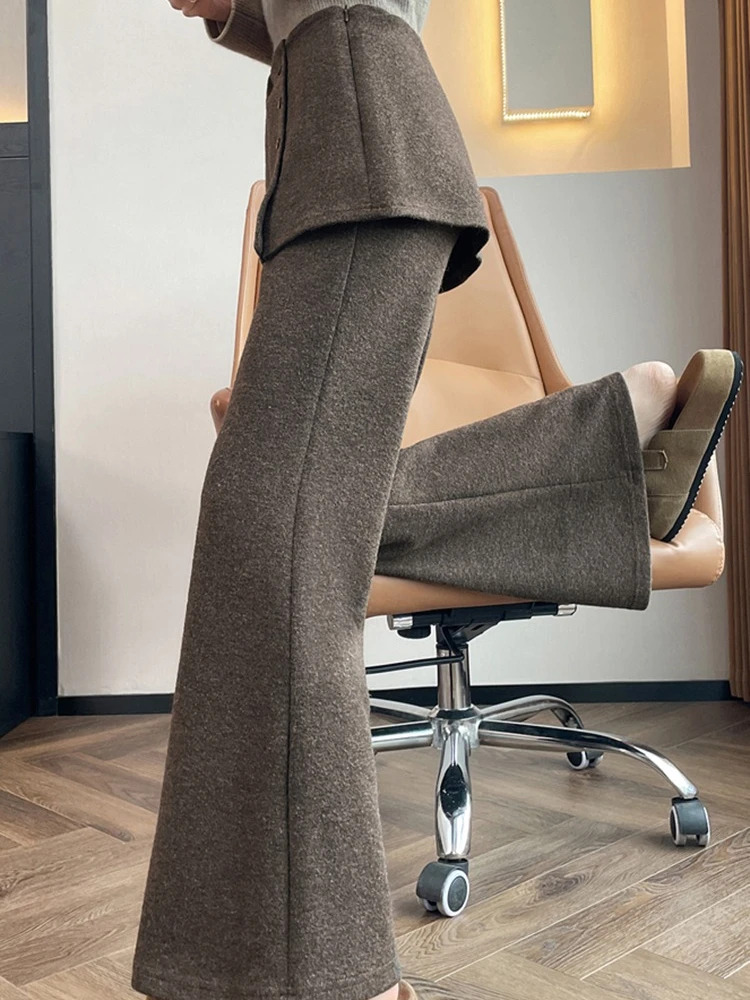 2025 خريف جديد كسول نمط ركاب تنوعا انفصال ضرطة الستار سراويل تقليدية قطرة الصوف بنطال ذو قصة أرجل واسعة للنساء