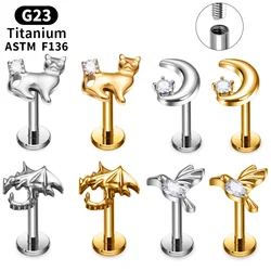 G23 Titanium 16G Lip Stud Moon Dog Bird CZ Design Helix Tragus Daith Cartilage Labret Piercing Earrings Internal Thread Jewelry