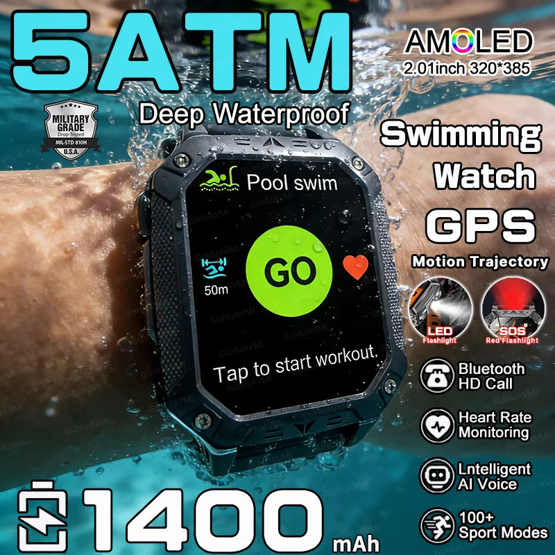 2026 TANK Military-Grade 1400mAh Battery Smart Watch 5ATM Waterproof LED FlashlightSOS Heart Rate Clock HD Call Men Sports Watch