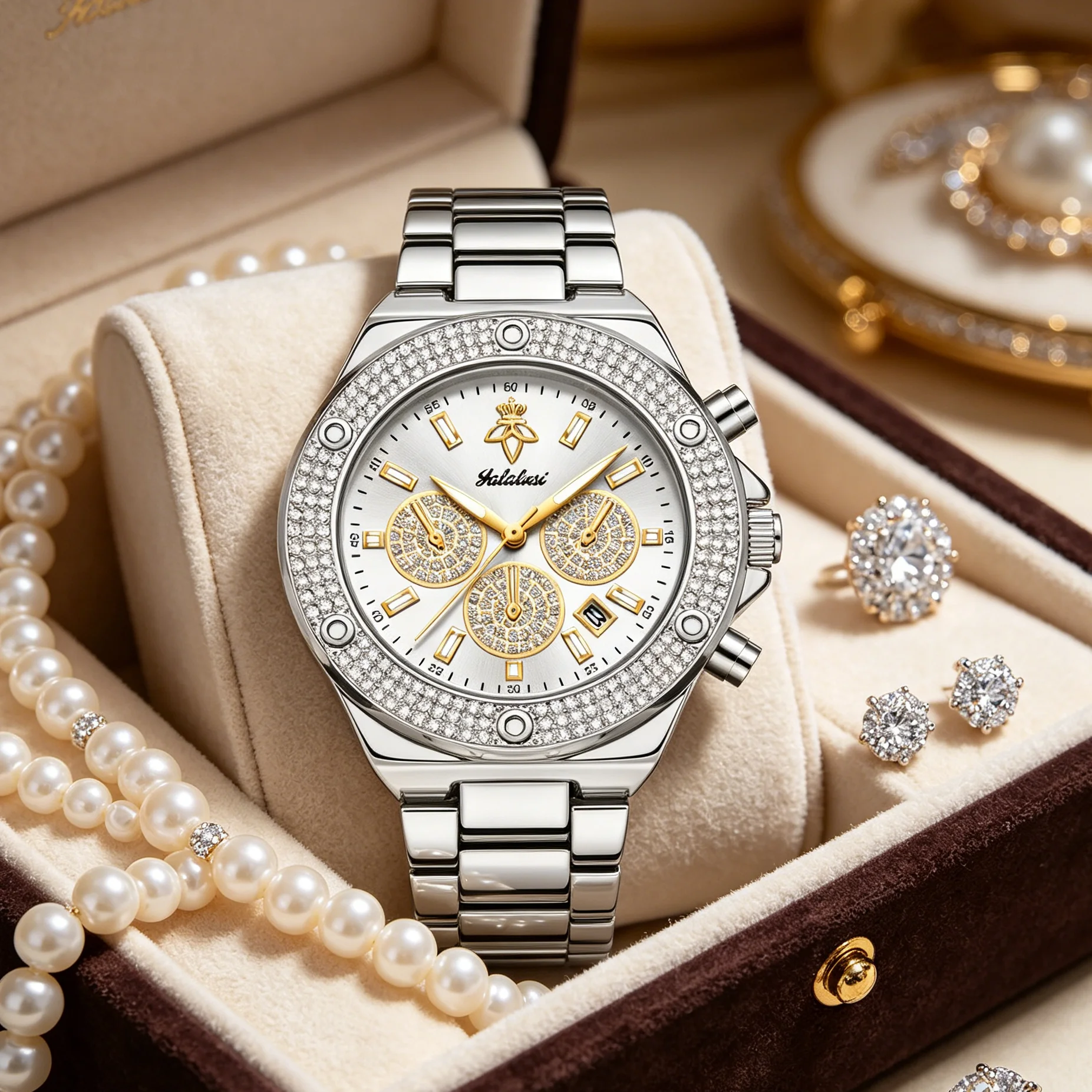 YaLaLuSi Two Tone Chronograph Women Watch Paved Crystal Bezel Multi-Function Dial  Ladies Quartz Waterproof Dress Wristwatch
