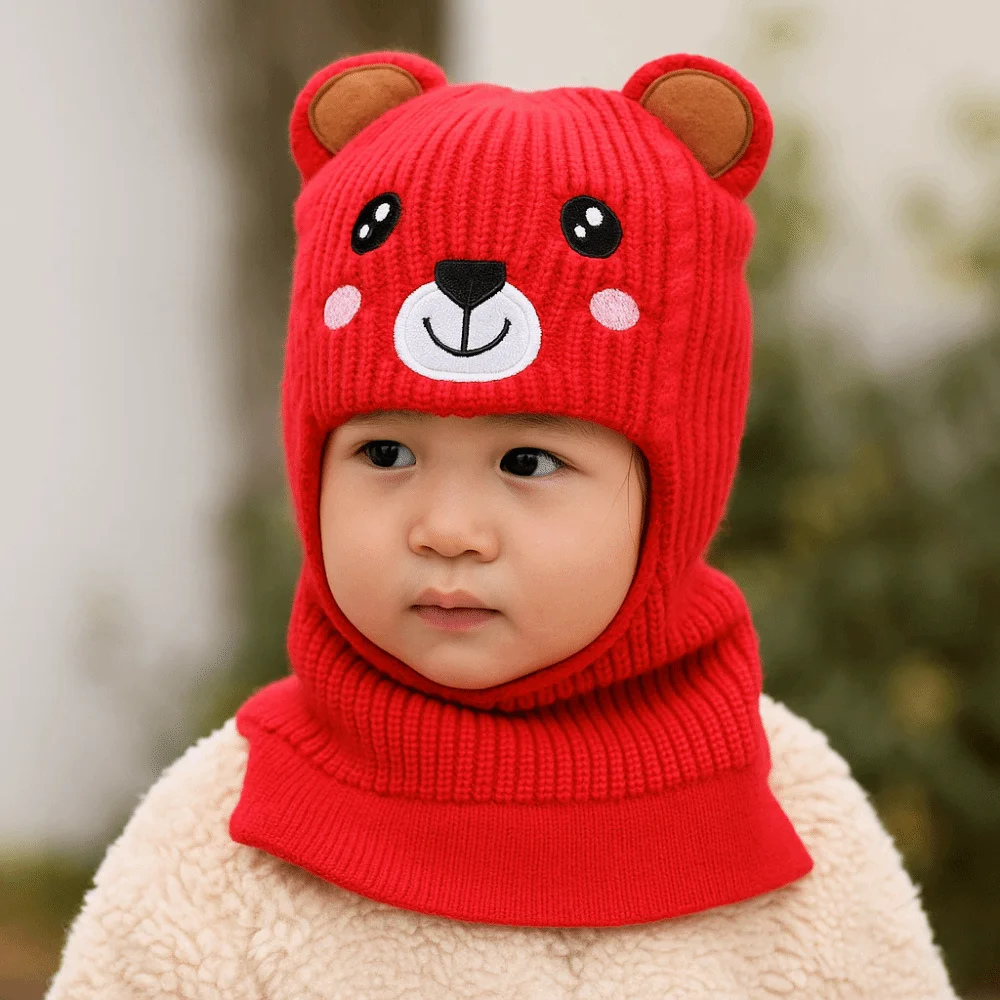 

Fashion Cute Cartoon Ear Protection Cap Windproof Cold Proof Hat Scarf One-Piece Warm Knitted Hat Winter