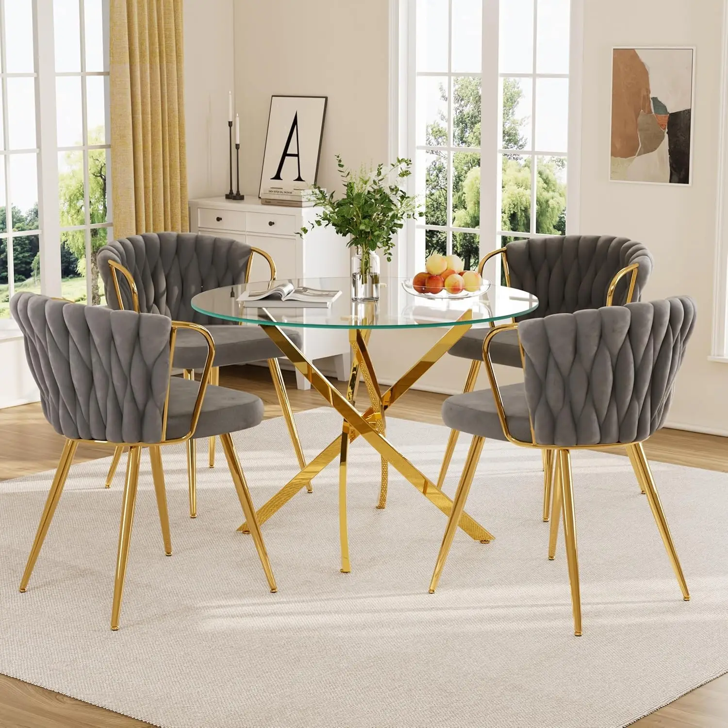 Round Glass Dining Table Set 5 Pieces 36 Inch Circle Gold Frame Clear Top Grey Gold Velvet Chairs Home Apartment, Customized