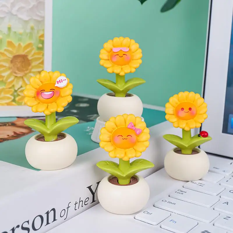 Table Mini Sunflower Statue Flower in Pot Home Decor Statue Cute Statue Collectible Figurine for Table Bookshelf Decoration