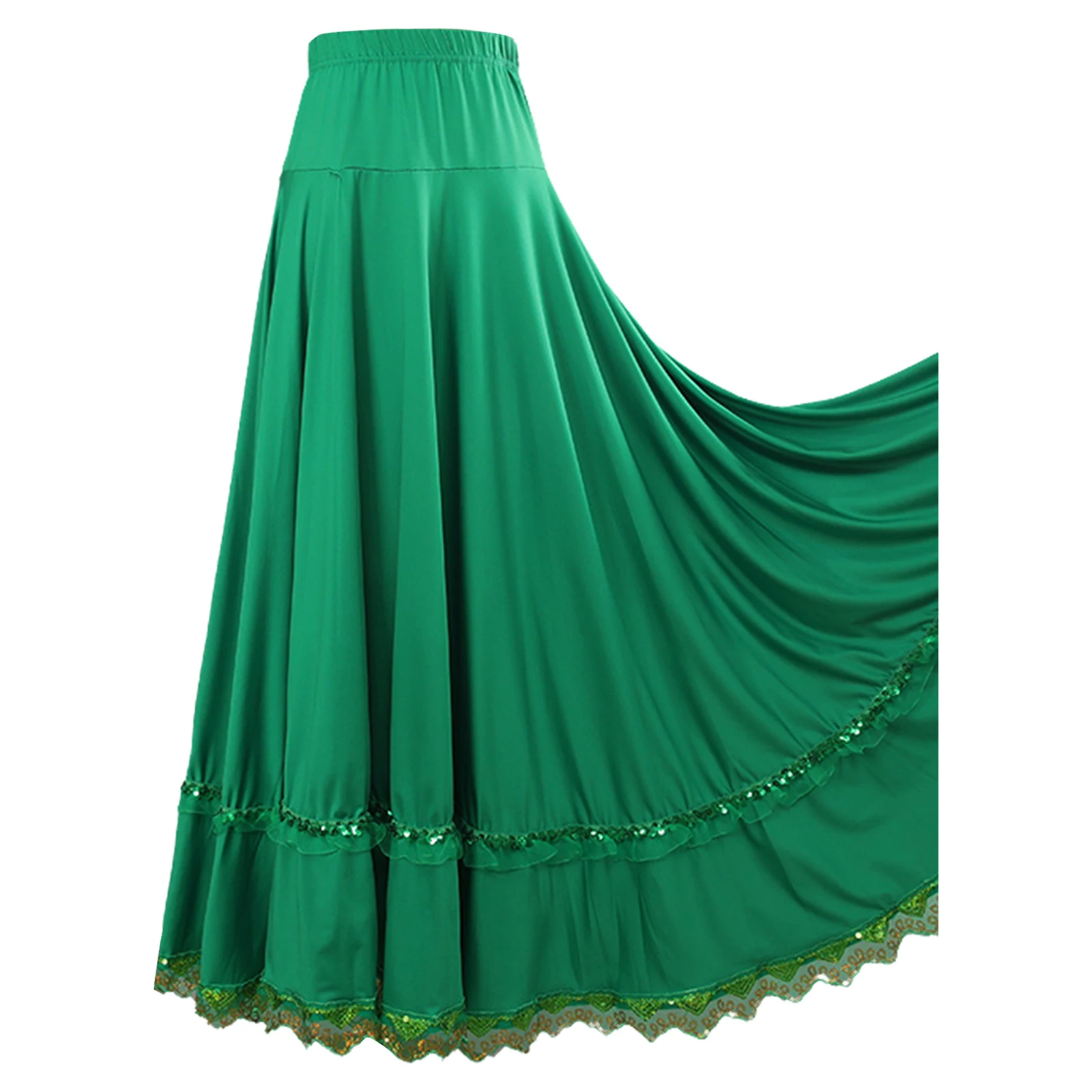 

Women Full Circle Long Skirt Elastic High Waist Ruffled Lace Trim Dance Skirt for Square Dance Ballroom Ethnic Dance Flamenco
