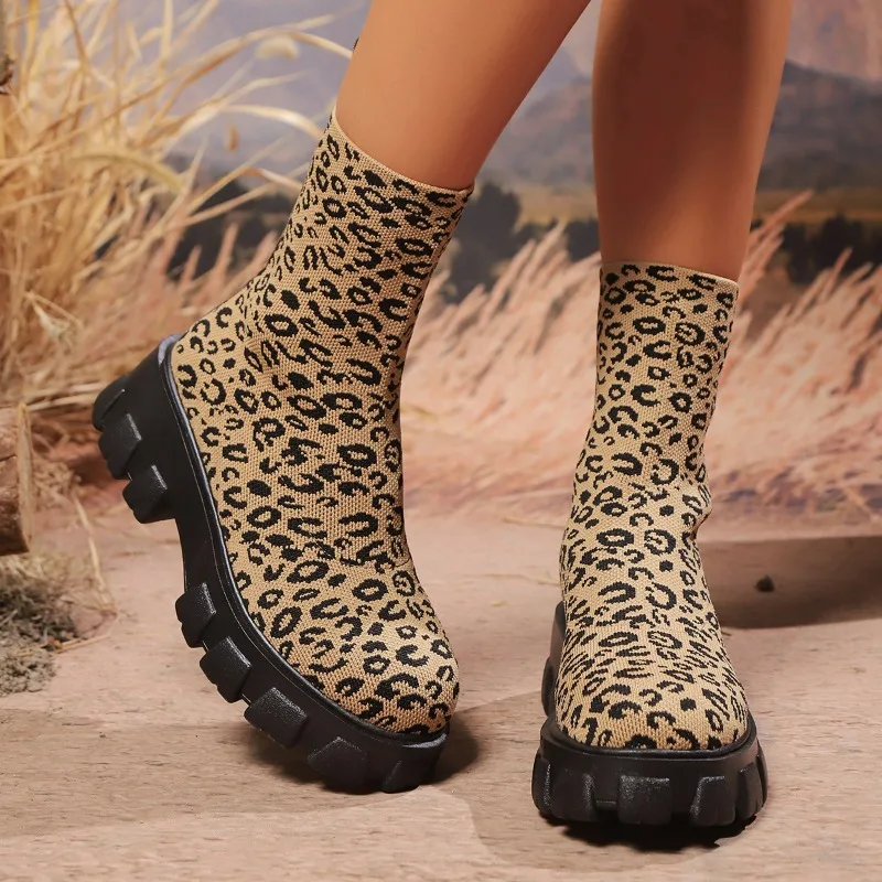 Leopard Print Women\'s Sock Boots 2025 New Knitted Elastic Fabric Ankle Boots Fashionable Plus Size Short Tube Women\'s Boots 43