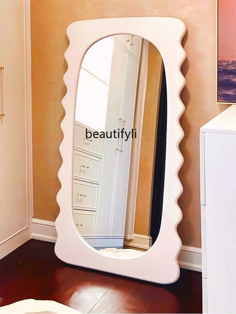 Modern Light Luxury Cream Wind Wave Full-Length Mirror Floor Mirror Shaped Home Bedroom Pink Creative Modern Full-Length Mirror