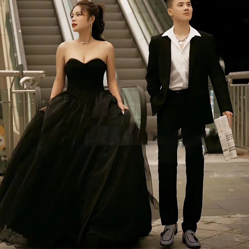 

Black Light Wedding Dress Retro Hepburn Wind 2025 New Tube Top Fluffy Princess Dress Formal Dress Women Elegant Evening Dresses