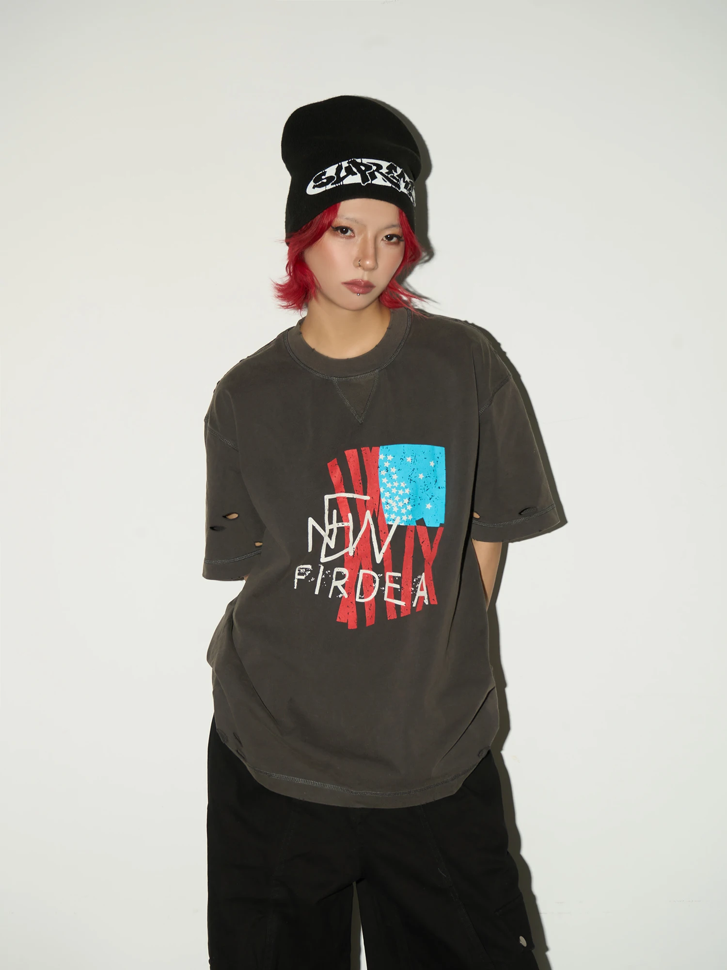 

Винтажная футболка MICHINNYON, весна-лето, с коротким рукавом, с принтом, с эффектом потертости, с декоративной строчкой, универсальный топ в американском стиле, свободный крой.