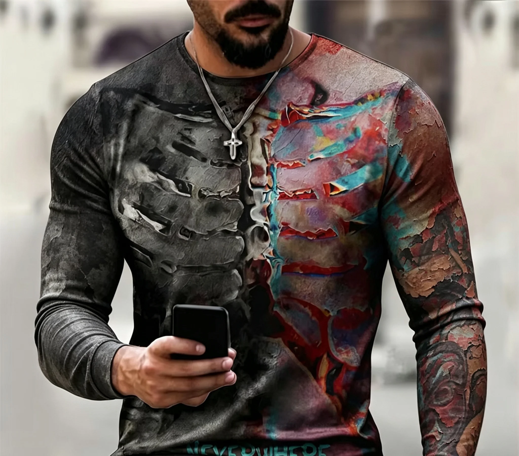 Herren Skelett-Rippenkasten 3D-Druck Rundhals Langarm-T-Shirt, Gothic Totenkopf Grafik Lässige Streetwear Langarm-Oberteile – Detail 8