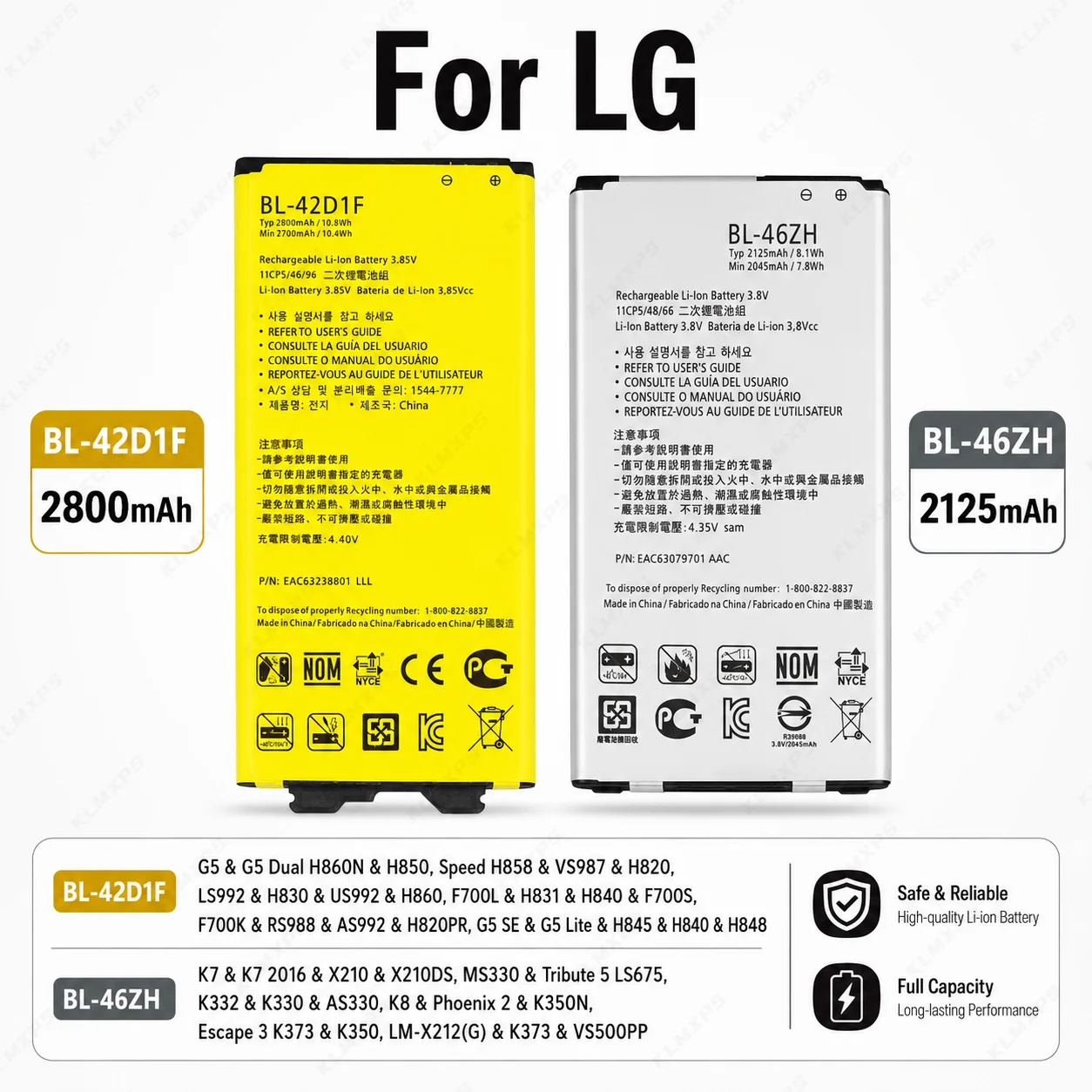 Replacement Battery for LG BL-44JS BL-46ZH BL-44JH BL-42D1F For LG G5 Optimus K7 K8 Tribute 5 Lucid 4G VS840 Viper 4G LTE