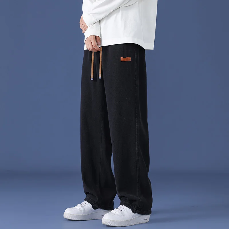 Spring and Autumn Men's Jeans Vintage Washed Loose and Versatile Straight leg Pants Fashion Printed Drawstring Street Men's Wear