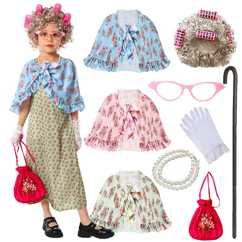 

10th Day of School Cosplay Costume Old Lady Outfits for 100 DAY Celebration Granny Dress Up Girls Ages 3-12 Role Play Suit