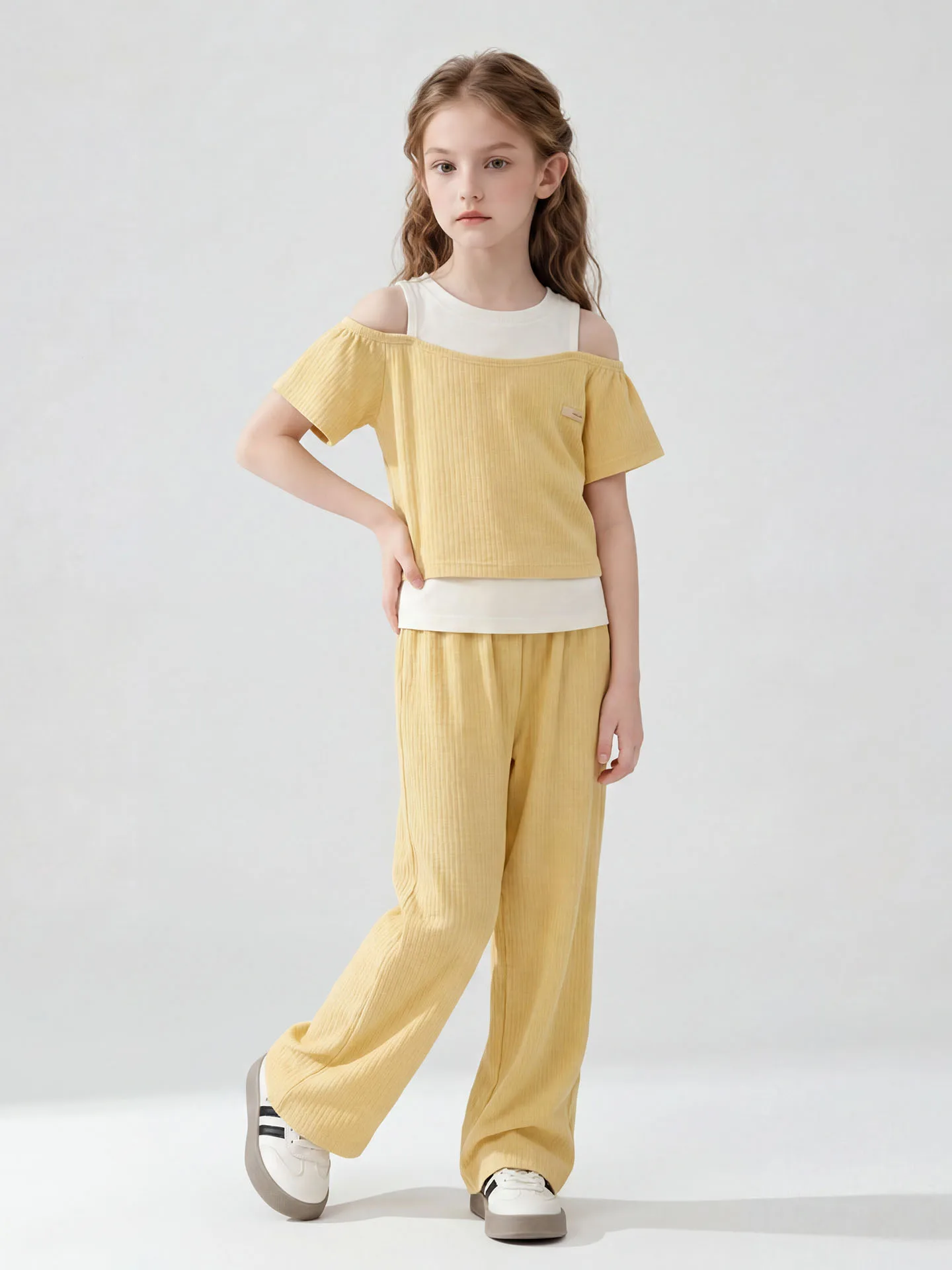 girls-summer-outfit-shoulder-bared-short-sleeve-thin-wide-leg-pants-cotton-blend-breathable-two-piece-set-for-kids-and-children